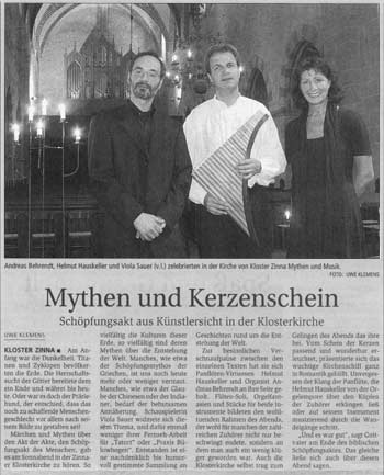 Andreas Behrendt, Helmut Hauskeller und Viola Sauer (v.l.) zelebrierten in der Kirche von Kloster Zinna Mythen und Musik. FOTO: Uwe Klemens